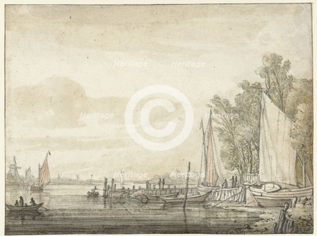 Boats at a jetty in a river, 1641-1642. Creator: Aelbert Cuyp.