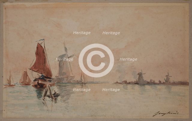 Boats on a Canal and Windmills near Dordrecht, c1920. Creator: School of Johan Barthold Jongkind.