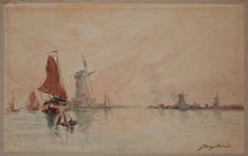 Boats on a Canal and Windmills near Dordrecht, c1920. Creator: School of Johan Barthold Jongkind
