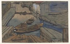 Boats on a canal between buildings, 1867-1935. Creator: Maurits Willem van der Valk
