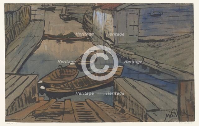 Boats on a canal between buildings, 1867-1935. Creator: Maurits Willem van der Valk.