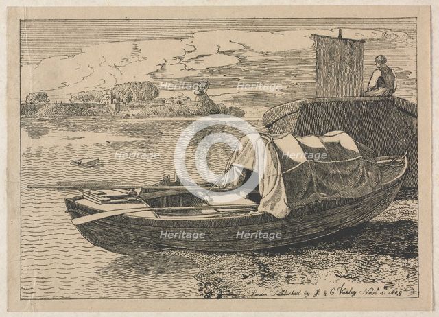 Boats on a River, Windmill in Distance, 1809. Creator: Cornelius Varley (British, 1781-1873).