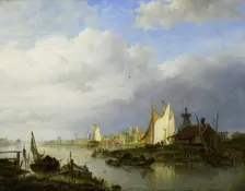 Boats on a River with a Beacon of Light, 1847. Creator: Hendrik Vettewinkel