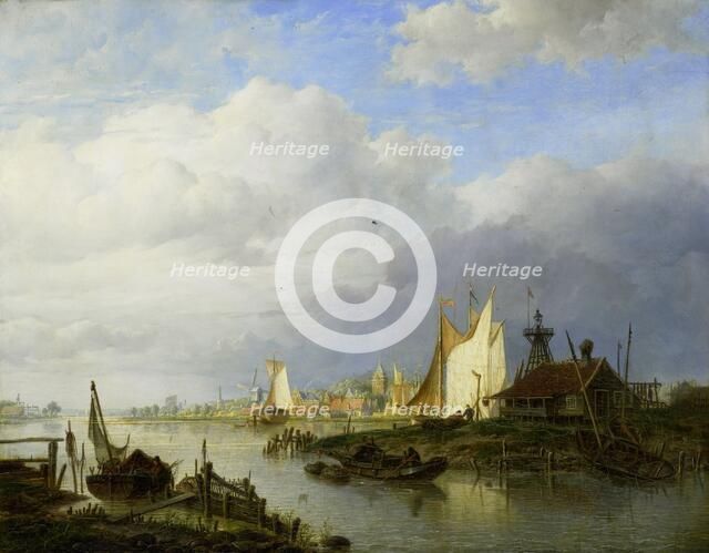 Boats on a River with a Beacon of Light, 1847. Creator: Hendrik Vettewinkel.