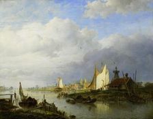 Boats on a River with a Beacon of Light, 1847. Creator: Hendrik Vettewinkel