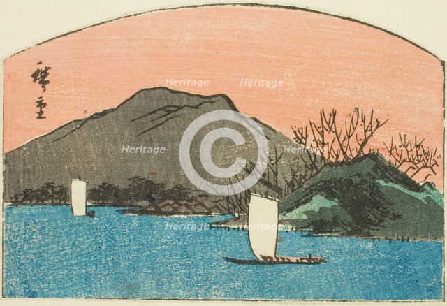 Boats on lake, section of an untitled harimaze print, c. 1850. Creator: Ando Hiroshige.