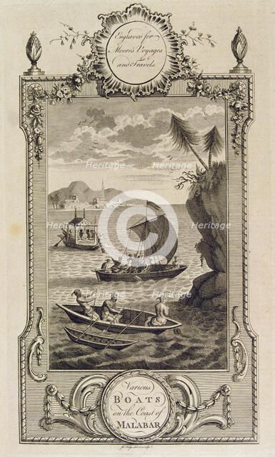 Boats on the Malabar coast, engraving in the work 'Voyages and Travels' by John Hamilton Moore.