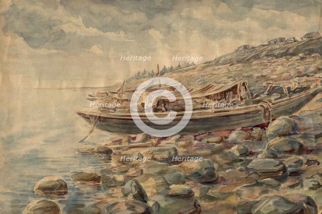 Boats on the banks of the Yenisei, 1928. Creator: Dmitrii Innokent'evich Karatanov.