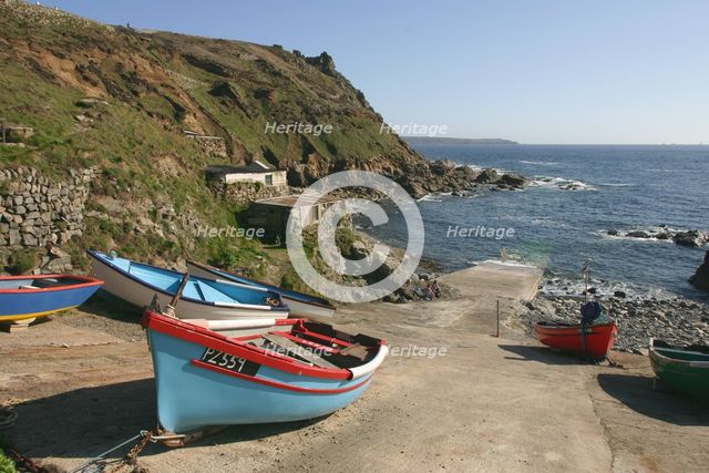 Boats on the slipway at Cape Cornwall, Cornwall. Creator: Peter Thompson.