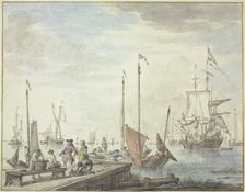 Boats lie by a wooden causeway, a merchant and his wife are having goods loaded. Creator: Abraham Storck