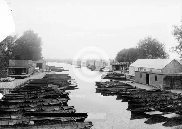 Boats moored at Medley, Oxford, Oxfordshire; seen from the bridge, c1860-c1922. Artist: Henry Taunt