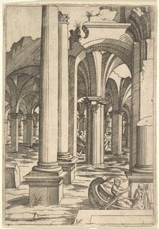 Boats Rowed Through Inundated Ruins, ca. 1550-62. Creator: Virgil Solis