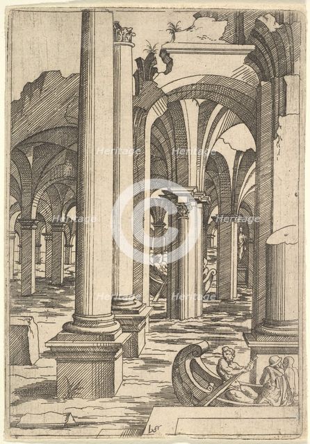 Boats Rowed Through Inundated Ruins, ca. 1550-62. Creator: Virgil Solis.