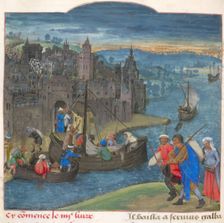 Boats readied for departure at Martigny on the river Dranse in Switzerland. From Les commentaires d