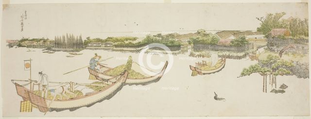 Boats transporting rice on the Sumida River, Japan, c. 1800/05. Creator: Hokusai.