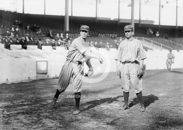 Bob Fisher & George Cutshaw, Brooklyn NL, at the Polo Grounds, NY (baseball), 1912. Creator: Bain News Service.
