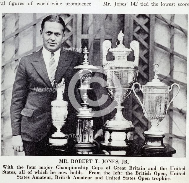 Bobby Jones (1902-72), American golfer, with Grand Slam trophies, 1930. Creator: Unknown.