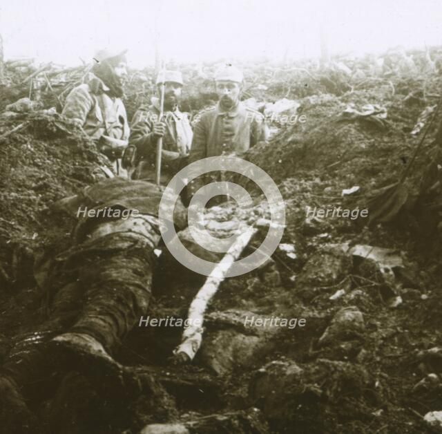 Bodies and prisoners, Les Éparges, northern France, 1915.  Artist: Unknown.