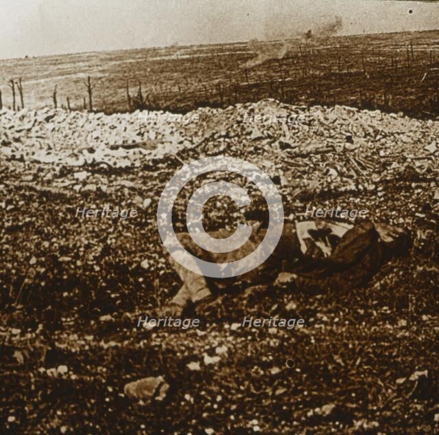 Body with barrage fire in the distance, c1914-c1918. Artist: Unknown.