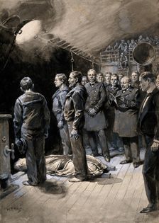 Boer War: a funeral on board a ship at night with officers and crew standing round the body, 1899. Creator: William T Maud