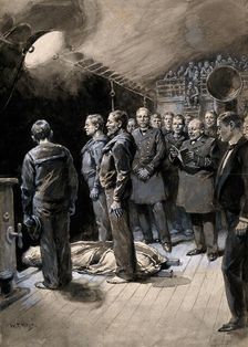 Boer War: a funeral on board a ship at night with officers and crew standing round the body, 1899. Creator: William T Maud