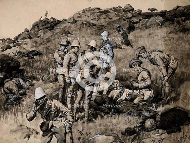 Boer War: British soldiers tending wounded Boers in an early stage of the Battle of Spion Kop, 1900. Creator: Henry Marriott Paget.