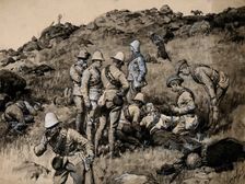 Boer War: British soldiers tending wounded Boers in an early stage of the Battle of Spion Kop, 1900. Creator: Henry Marriott Paget