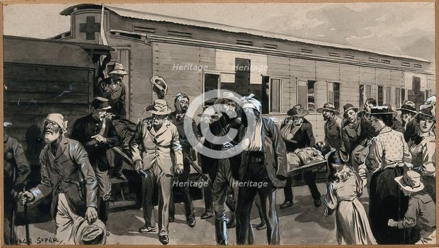 Boer War: wounded Boers are getting off a train, and one is being carried on a stretcher, 1900. Creator: George Soper.