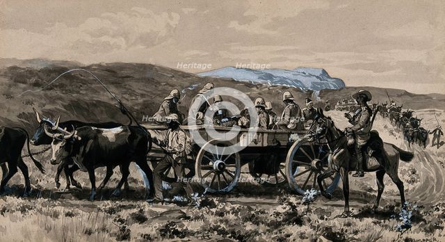 Boer War: wounded men transported in an ambulance cart drawn by oxen, 1900. Creator: George Soper.