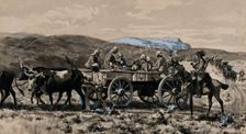 Boer War: wounded men transported in an ambulance cart drawn by oxen, 1900. Creator: George Soper