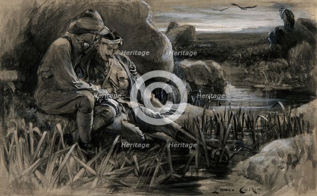 Boer War: wounded soldiers awaiting for medical help in the cold and damp, 1899. Creator: Lance Calkin.