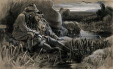 Boer War: wounded soldiers awaiting for medical help in the cold and damp, 1899. Creator: Lance Calkin