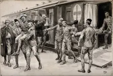 Boer War: wounded soldiers being escorted off the hospital train at Durban from Ladysmith, 1899. Creator: Frank Dadd