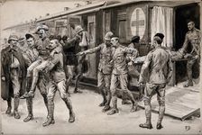 Boer War: wounded soldiers being escorted off the hospital train at Durban from Ladysmith, 1899. Creator: Frank Dadd