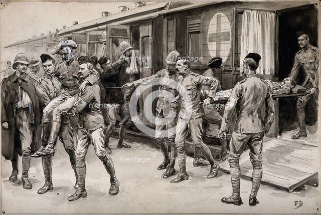Boer War: wounded soldiers being escorted off the hospital train at Durban from Ladysmith, 1899. Creator: Frank Dadd.