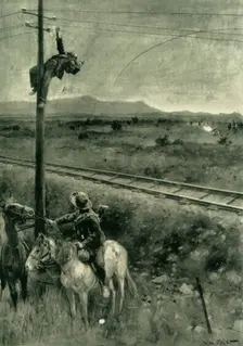 Boers Caught in the Act of Cutting the Telegraph Wires 1902. Creators: Walter Paget, Caxton Publishing Company