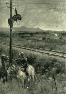 Boers Caught in the Act of Cutting the Telegraph Wires 1902. Creators: Walter Paget, Caxton Publishing Company