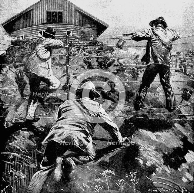Boers attacking a British blockhouse (microfort) during the 2nd Boer War 1899-1902 Artist: Unknown