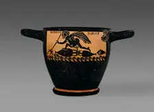 Boetian black-figure skyphos depicting Odysseus at sea and with Circe, 4th century BC. Artist: Cabirion Group