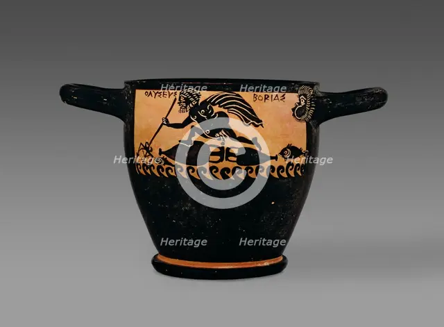 Boetian black-figure skyphos depicting Odysseus at sea and with Circe, 4th century BC. Artist: Cabirion Group.