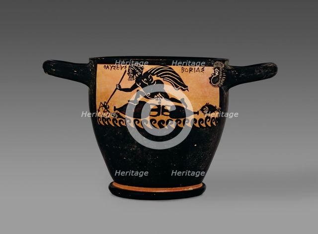 Boetian black-figure skyphos depicting Odysseus at sea and with Circe, 4th century BC. Artist: Cabirion Group.