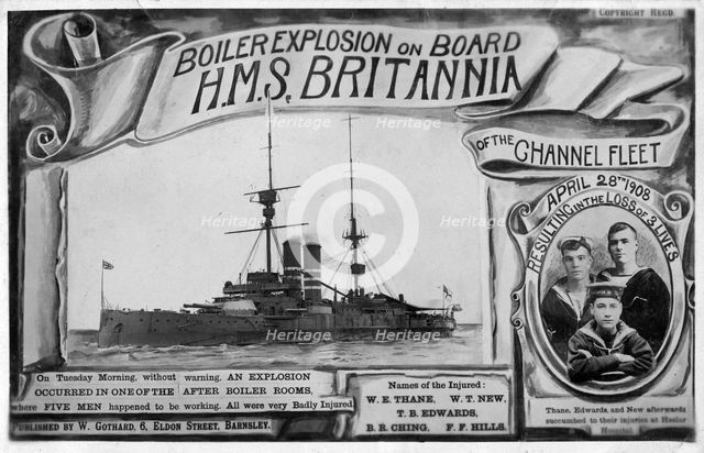 Boiler explosion on board HMS 'Britannia', 28th April 1908. Artist: Unknown