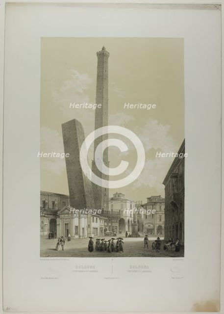 Bologna: The Asinelli and Garisenda towers, plate 40 from Italie Monumentale et Pittore..., c. 1848. Creator: Nicolas-Marie-Joseph Chapuy.