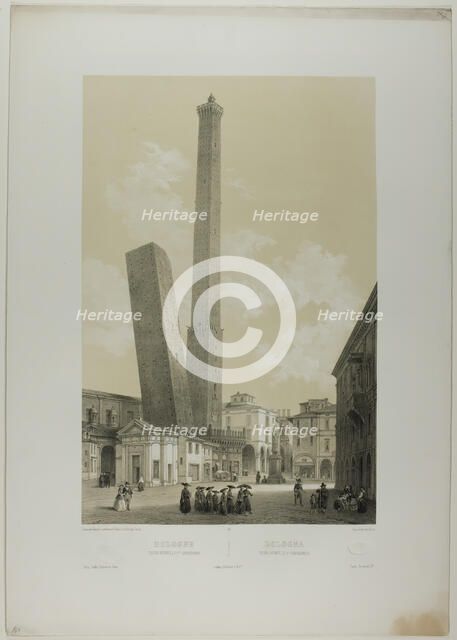 Bologna: The Asinelli and Garisenda towers, plate 40 from Italie Monumentale et Pittore..., c. 1848. Creator: Nicolas-Marie-Joseph Chapuy.