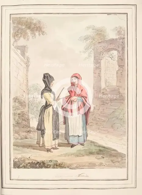 Bologna and Viterbo, leaf from 'A Collection of Dresses by David Allan Mostly from Nature', 1776. Creator: David Allan.