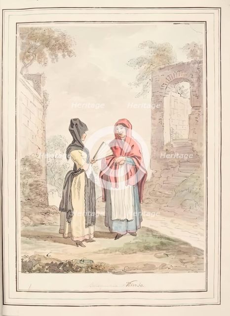 Bologna and Viterbo, leaf from 'A Collection of Dresses by David Allan Mostly from Nature', 1776. Creator: David Allan.