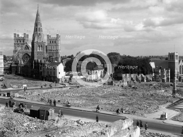 Bomb damage around Exeter Cathedral, Devon, c1942. Artist: Margaret Tomlinson.