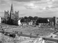 Bomb damage around Exeter Cathedral, Devon, c1942. Artist: Margaret Tomlinson