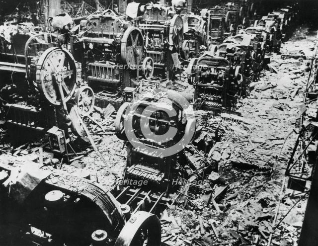 Bomb damage at a Renault factory, Sevres, Paris, 4 April 1943. Artist: Unknown