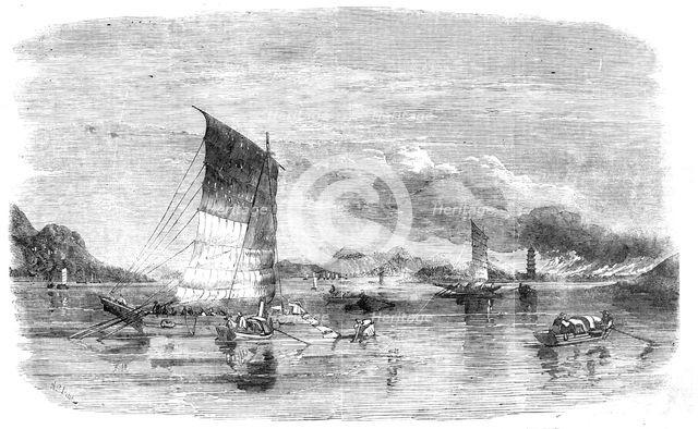 Bombardment of Canton: the Suburbs on Fire - from a sketch by an officer engaged in the..., 1857. Creator: Unknown.